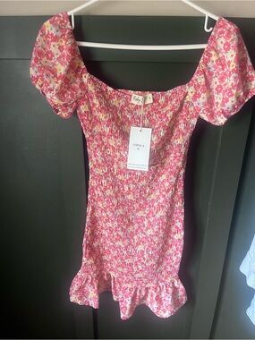 Smocked Pink Floral Puff-Sleeve Women's Casual Dress